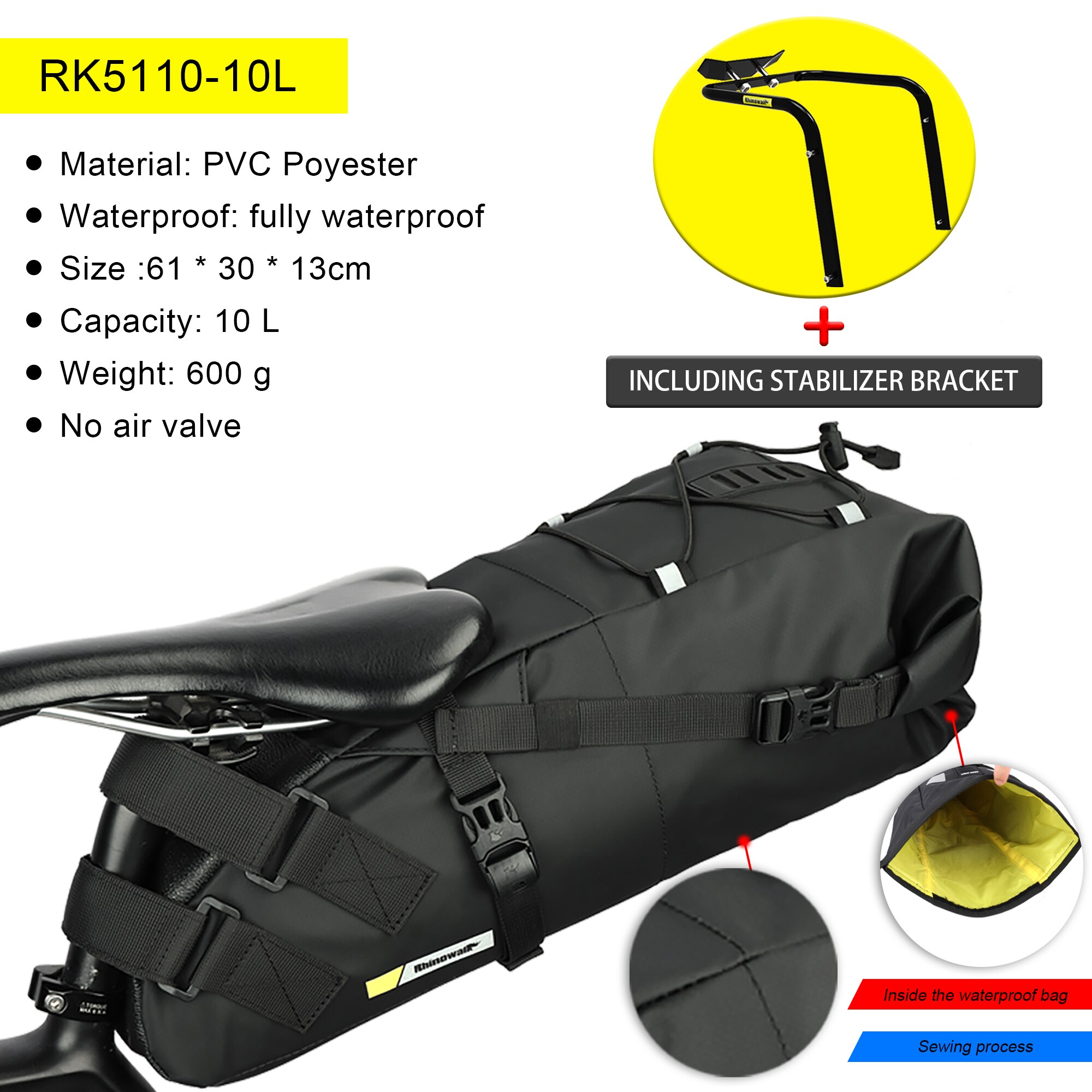 Rhinowalk Wasserdichte Fahrrad Sattel Tasche &Ampere; Stabilisator Halterung 10L-13L Große Kapazität Schwanz Hinten Fahrrad Tasche Radfahren MTB Stamm Koffer: 10L einstellen(mit Gestell)