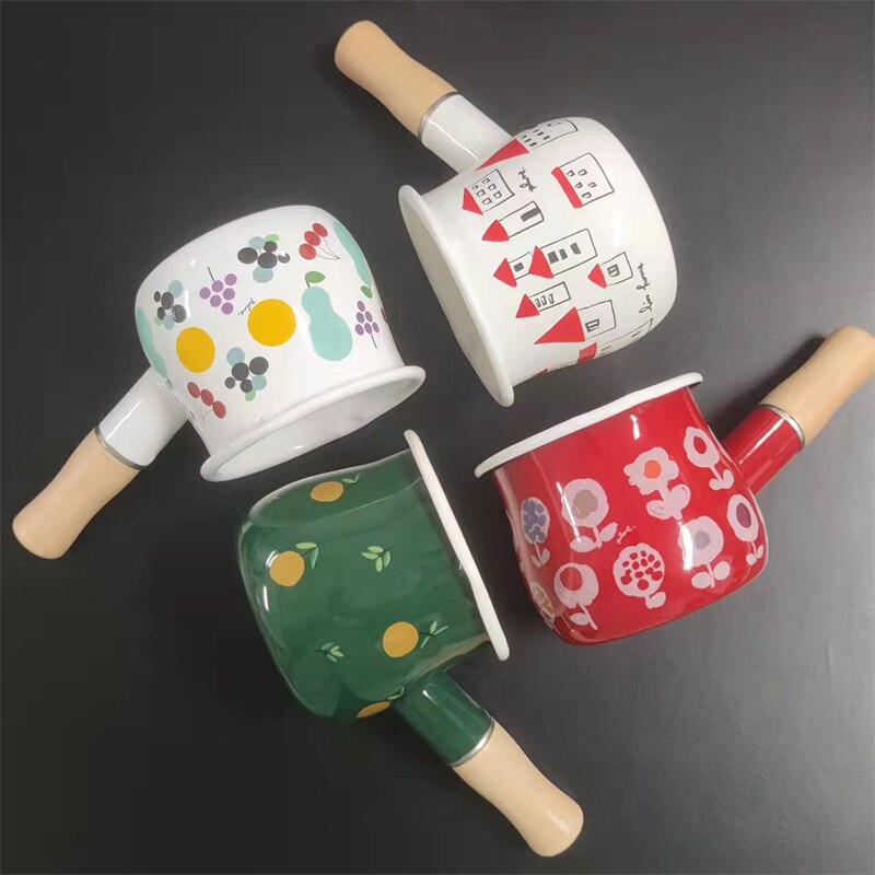 500ml Enamel Milk Pot With Wooden Handle Gas Stove Induction Cooke Baby Breakfast Milk Coffee Saucepan Cookware