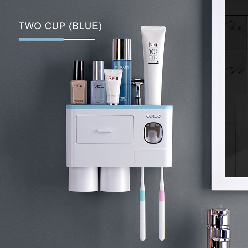 Bathroom Accessories Set Magnetic Adsorption Inverted Toothbrush Holder Automatic Toothpaste Dispenser Squeezer Storage Rack: Two Cups Blue