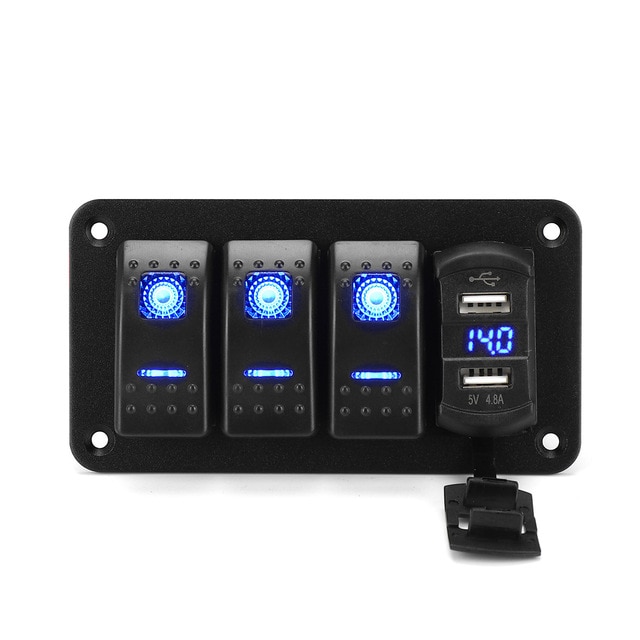 4 Gang LED Rocker Switch Panel Digital Voltmeter Dual USB Port 12V / 24V Outlet Combination Waterproof Car Marine Boat: Blue