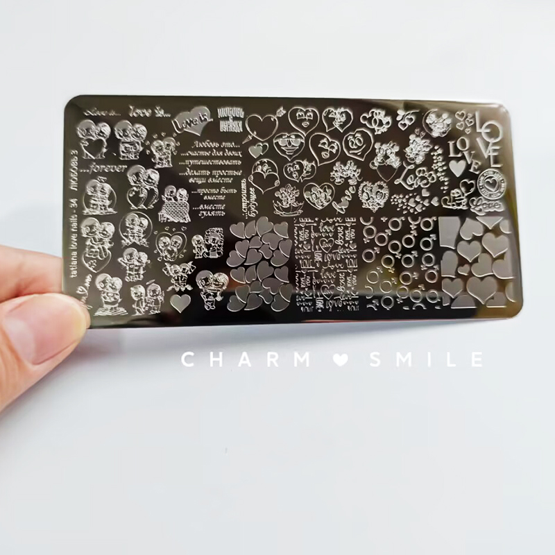 Placas de estampado de uñas con personajes de dibujos animados, amor, Día de San Valentín, estampado de hojas de flores, arco, corazón, plantillas de sellos para uñas, herramientas de decoración de uñas