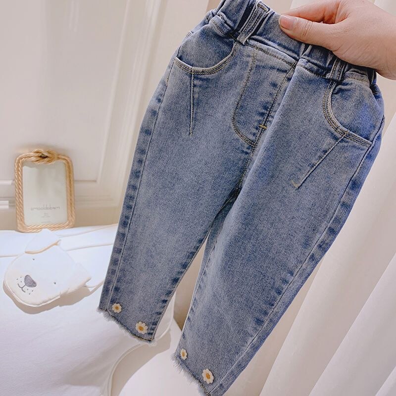 Baby Meisjes Jeans Casual Elastische Taille Kids Denim Broek Koreaanse Daisy Jeans Voor Meisje 1-7 jaar Kind Broek