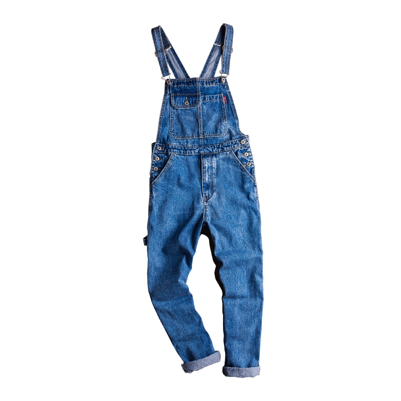 Mono vaquero azul americano para hombre, pantalones vaqueros rectos, pechera de Hip Hop con bolsillos grandes, pantalones Cargo