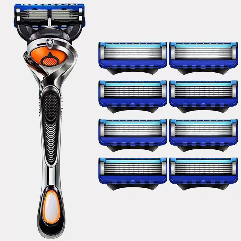 Men's Safety Razor with Non-slip Stainless Steel Handle, Suitable for Beards and Mustaches, 5 Layers of Blades, Including Blades: Red