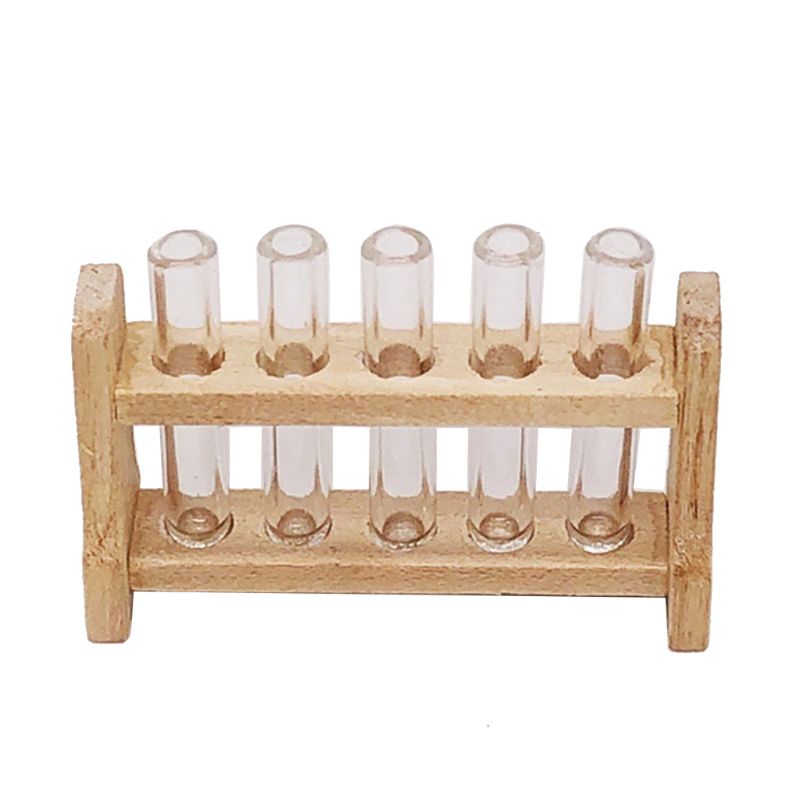 5 stks/set Laboratorium Glasreageerbuizen met Houten Rek Set 1:12 Dollhouse Miniatuur Accessoire Ornament