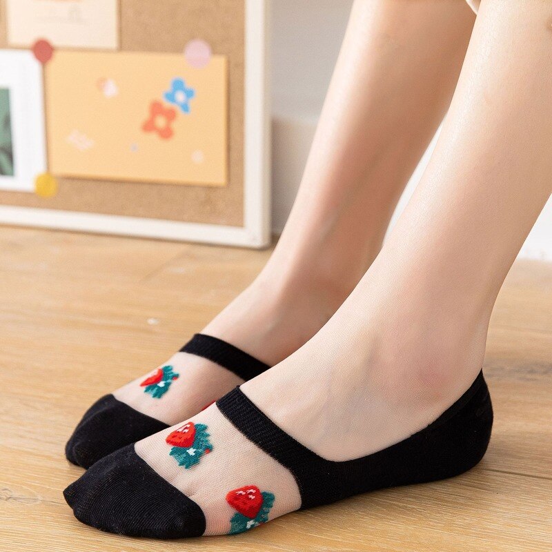 Crystal Silk Woman Socks Silicone Non-slip Invisible No Show Socks Fruit Print Summer Thin Breathable Low Cut Ankle Boat Socks