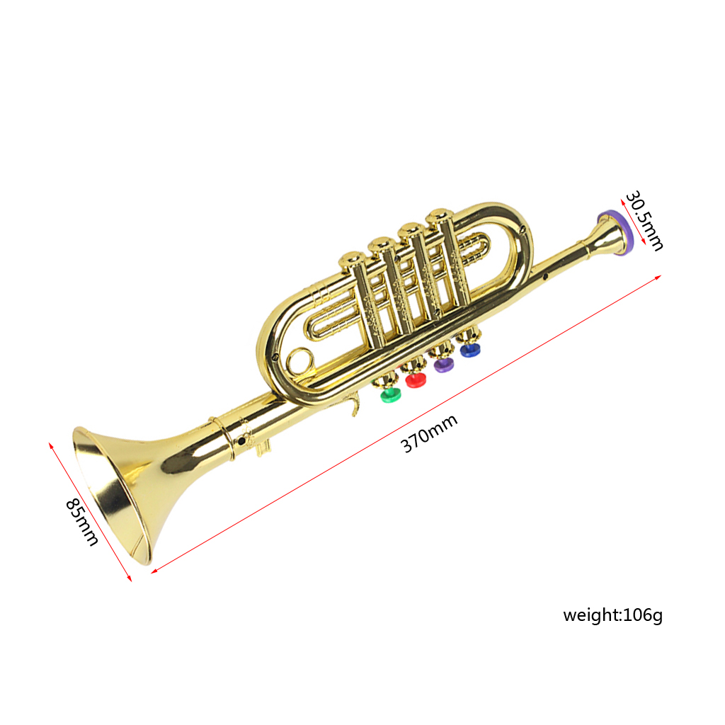 Gold 14-1/2 Inch Trumpet with 4 Colored Keys, Musical Wind Instrument Music Toys for Kids, Learning &amp; Entertainment