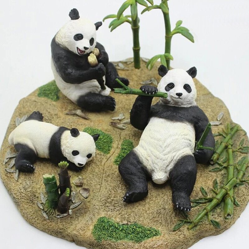 EDAGE Panda Family Eat Bamboo Scene Statue Ursidae Animal Figure Desktop Decoration Collector Toy: Default Title