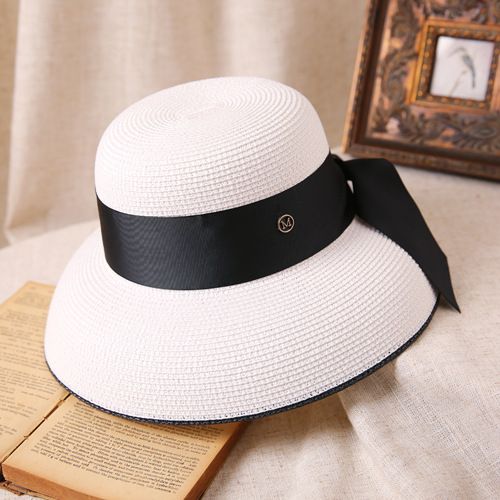 Hepburn-Sombrero de sol con lazo para mujer, sombrero de paja, sombrero de cubo, protector solar de color, sombrero de playa,: YELLOW