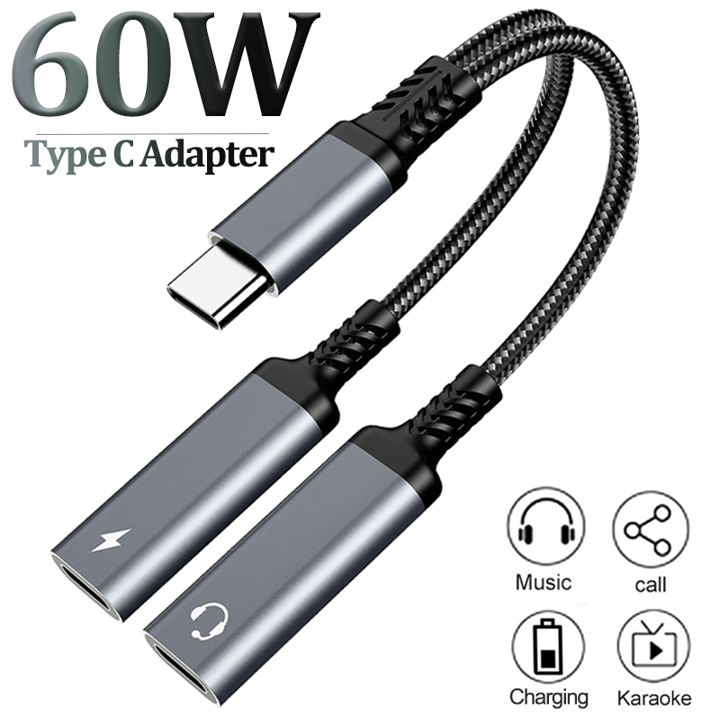 Rozdzielacz OTG 2 w 1 USB C na podwójne gniazdo słuchawkowe USB C Adapter audio PD 60W Szybka ładowarka do Samsung Huawei iPhone15 Xiaomi