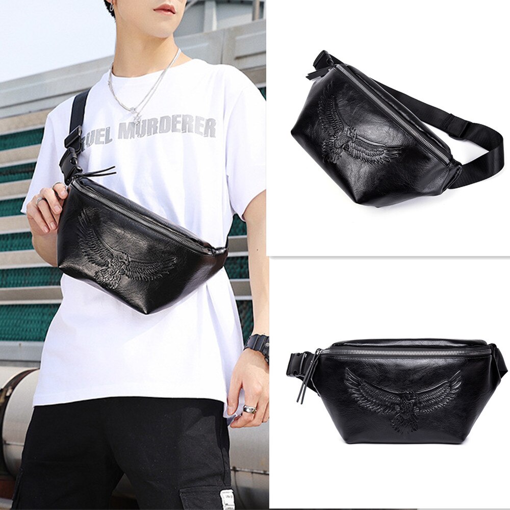 Eagle Embossing Chest Bag Men PU Leather Crossbody bags male Multifunction Small Waist pack man Fanny Bum bag Black