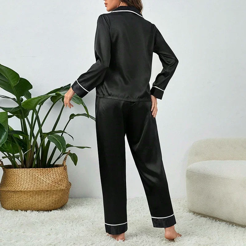 Pluss størrelse høst og vinter silke pyjamas dame topper og bukser ensfarget avslappet mykt nattøy knapper cardigan nattøy hjemme