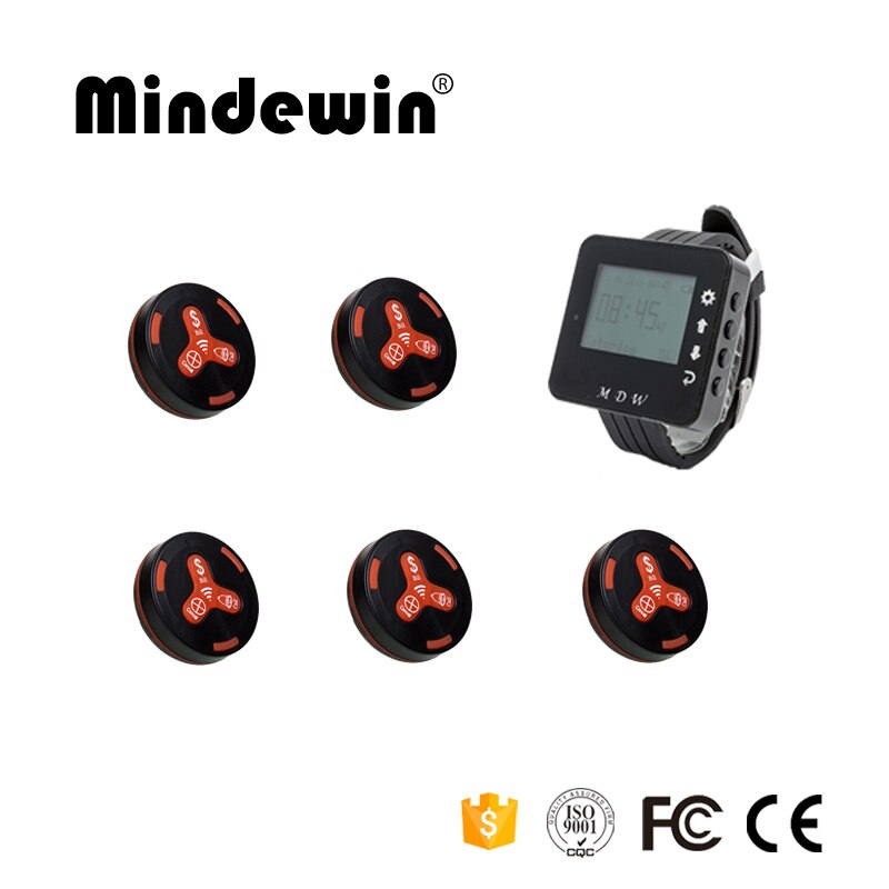 Mindewin 433MHz Wireless Calling System 5pcs Call Transmitter Button + 1pc Watch Receiver for Hospital Hotel Paging System: black red