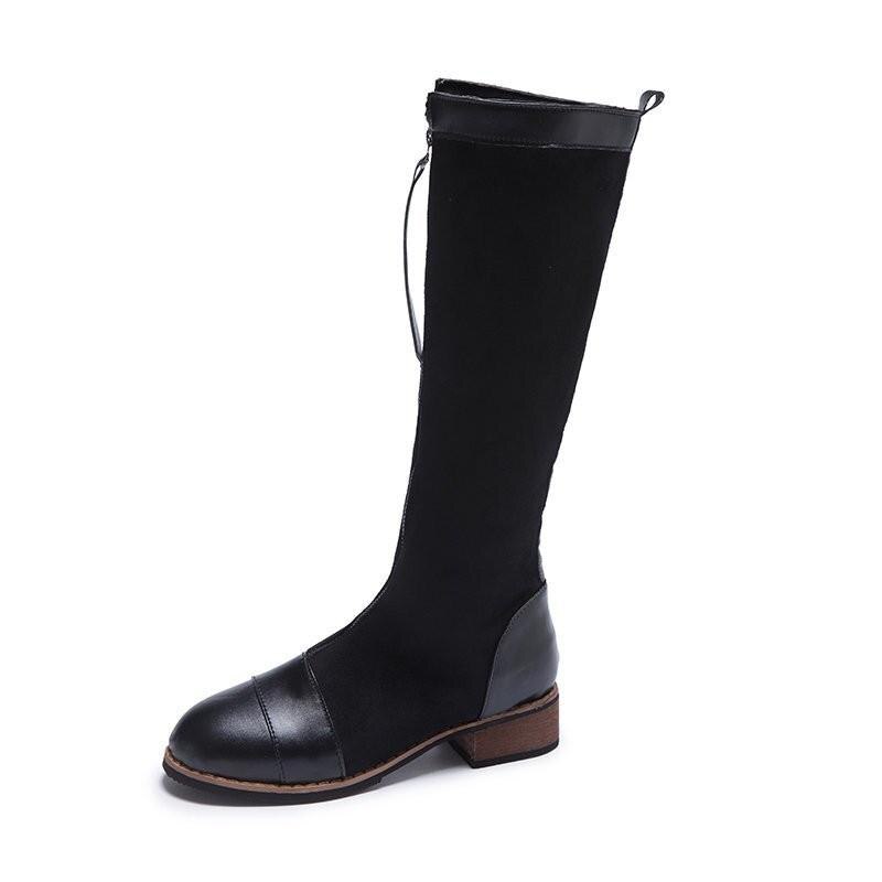 Bottes de créateur en cuir à genoux pour femmes, à bout rond, longues, épaisses, bloc, à talons hauts, noir, Beige: Black / 35