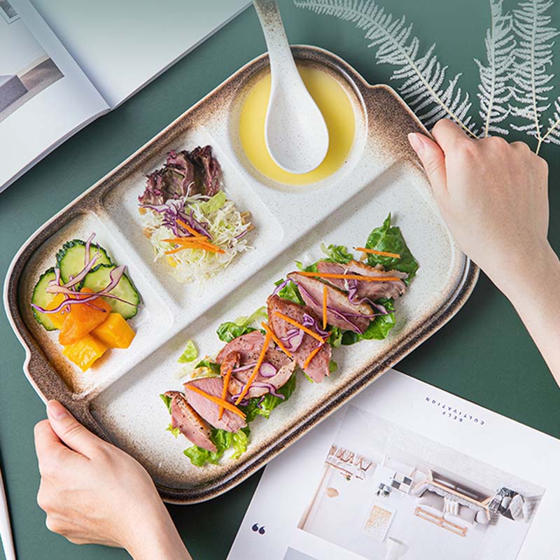 Japanese-style ceramic grid plate for one person dinner plate for separate meal system household divider plate adult tableware c