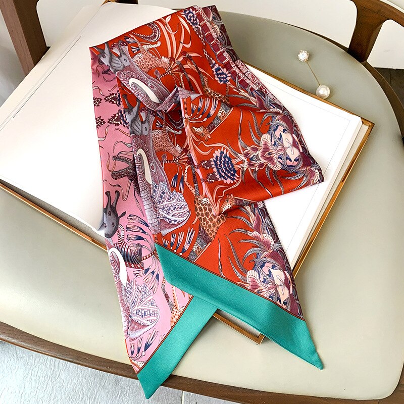 Lang tynd silkehals tørklæde krave slips kvinder foulard taske bånd tørklæder med blomsterprint hårbånd hovedtørklæde: 5