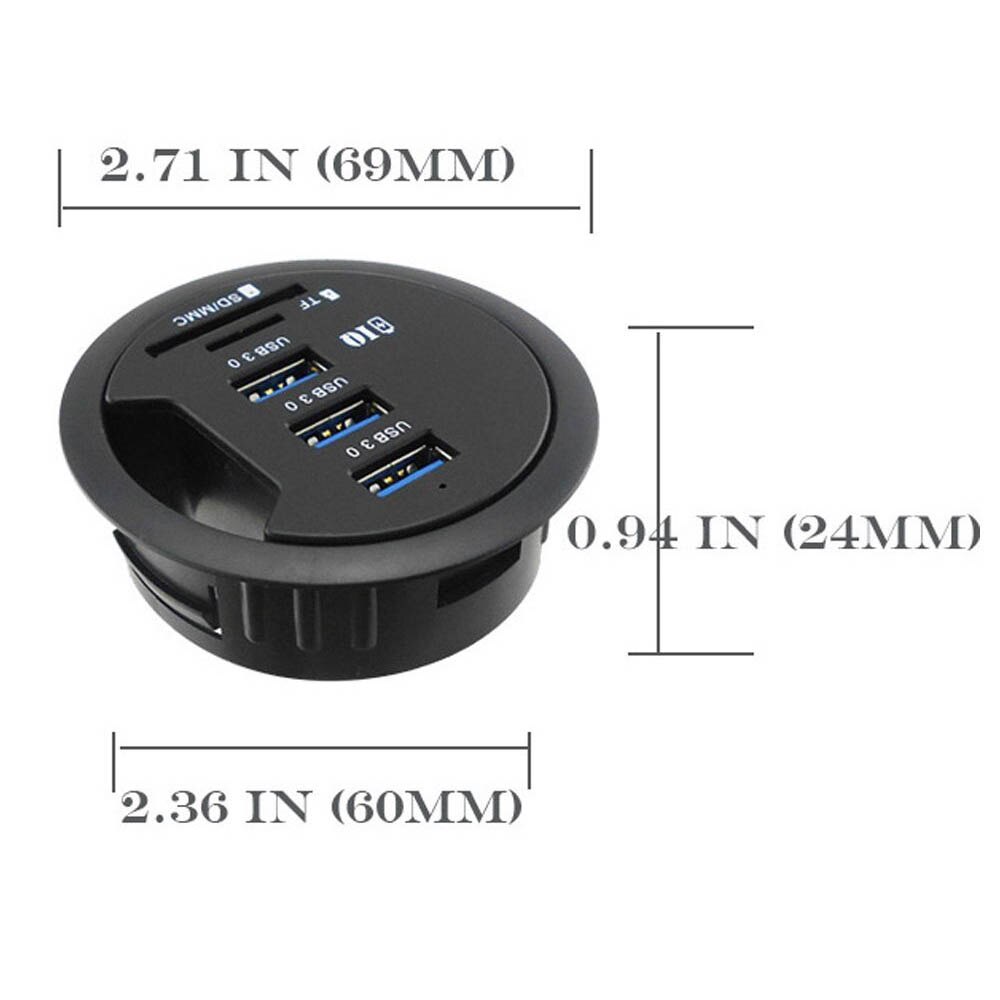 In-Desk USB Hub 3 Port USB 3.0 Charger Data Read / Charge Combo In-Desk Hub with 2 Slot SD / Micro-SD Card Reader &amp;AC/DC Adapter