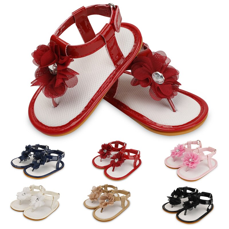 Sandales d'été pour bébés filles, chaussures en caoutchouc PU, semelle souple, bande de fleurs, parc, ramper, premiers pas, mignonnes