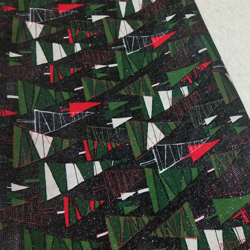 Glitter zilver stempel groen wit rood kerstboom bedrukt katoenen stof 50 x 105 ccm kerststof patchwork diy naaien baby