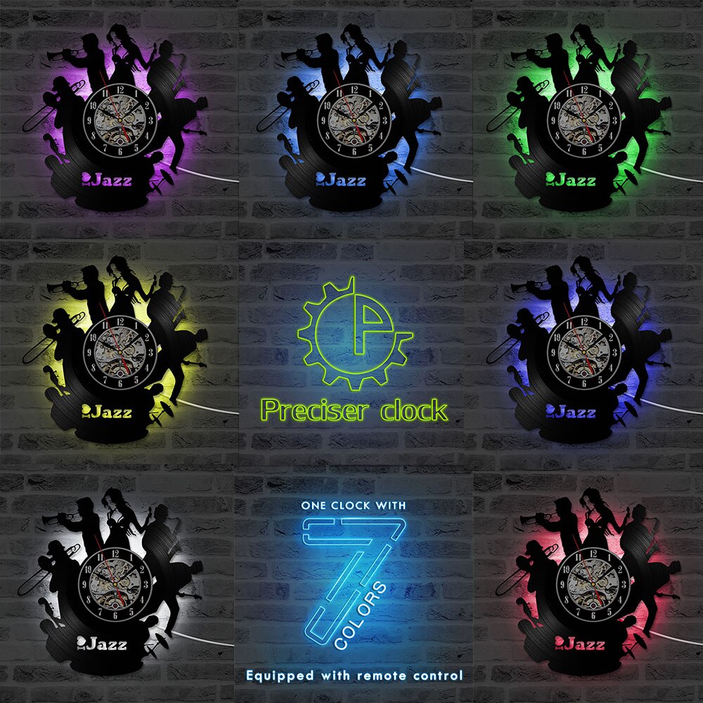 Jazz Black Vinyl Record Hanging Wall Clock Hollow CD Record Wall Clock Antique Hanging LED Clock Home Decor Handmade: LED with 7colors