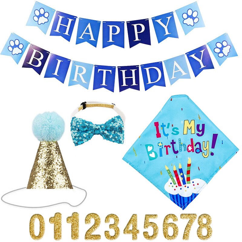 Handmade Dog Birthday Bandana Set Party Pet Pull Flag Triangle Scarf Cake Hat Decoration for DIY Pet Party Supplies: Blue set 3