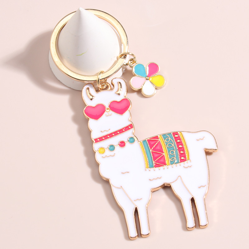 Llaveros de animales bonitos, llavero de Alpaca con forma de corazón y flores coloridas, llaveros esmaltados para mujeres y hombres, accesorios para bolsos, de joyería DIY