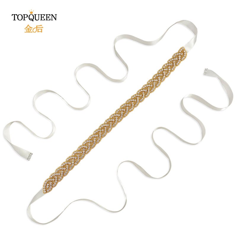 Topqueen  s216- g guld midjebälte fancy strass skärp guldpärlor brudbälte guld bälte för kvinnor bälten bröllop skärp bröllop: Benvitt