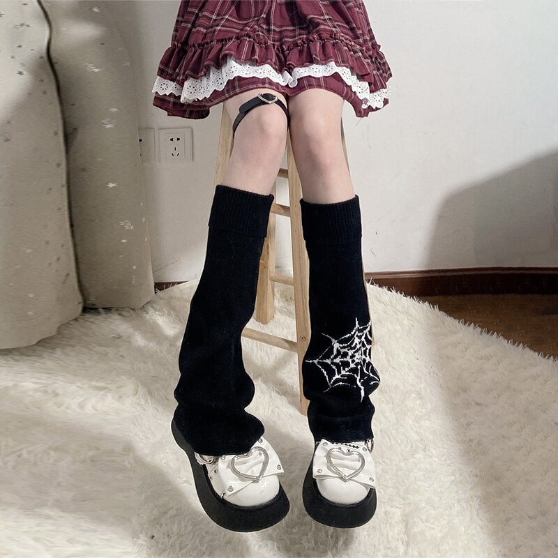 Y2k Meisje Japanse Harajuku Flare Beenwarmers Gothic Black Cobweb Lady Knit Been Warmer 2022 Lente Koreaanse Chic Mujer Gebreide sok