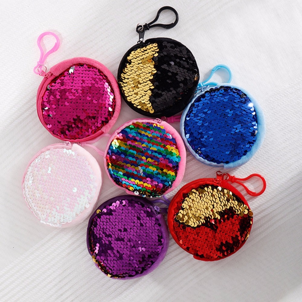 Women Kids Sequins Coin Purse Portable Round Zipper Purse Bags Pocket KeyChain Glittering Party Handbag Earphone Package