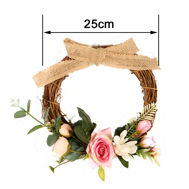 Home Decoration Garland Burlap Knot Artificial Rose Flower Wreath Hanging Wreath Front Door Window Wall Decor