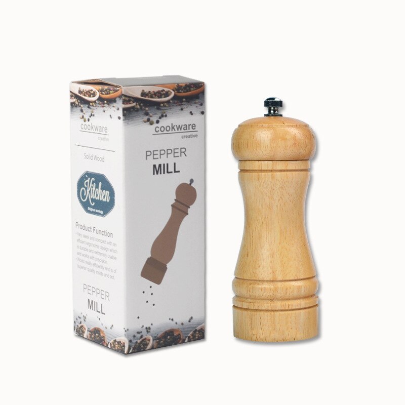 Natural Oak Wood Pepper Spice Mill Grinder Handheld Seasoning Mills Grinder Spice Milling Machine Adjustable Wood Pepper Shakers: 5 inch With Box