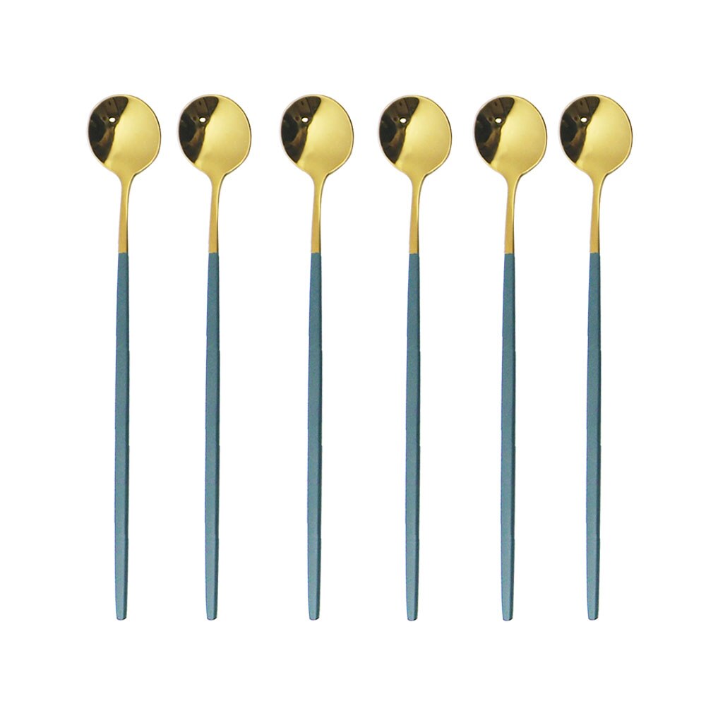 6Pcs Rainbow Long Hangdle Spoon For Polished Stirring Drink Dessert Ice Cream Spoon Cutlery Flatware Steainless Steel Tableware: Green Gold