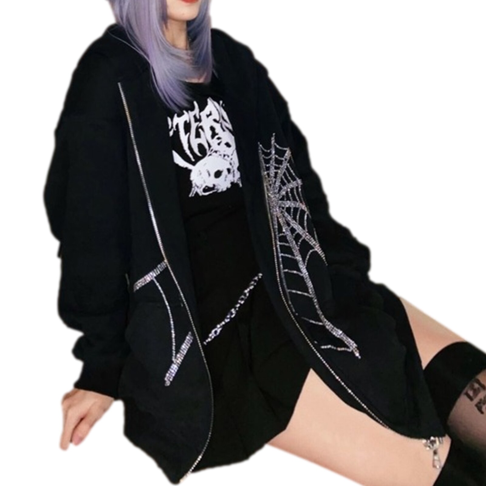 Women Hooded Sweater Adults Rhinestone Spider Web Pattern Long Sleeve Zipper Cardigan with Pocket