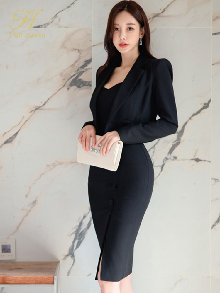 H Han Queen 2022 Summer Vestidos Korean 2 Pieces Suit Coat And Suspenders Dress Women Sheath Pencil Dresses