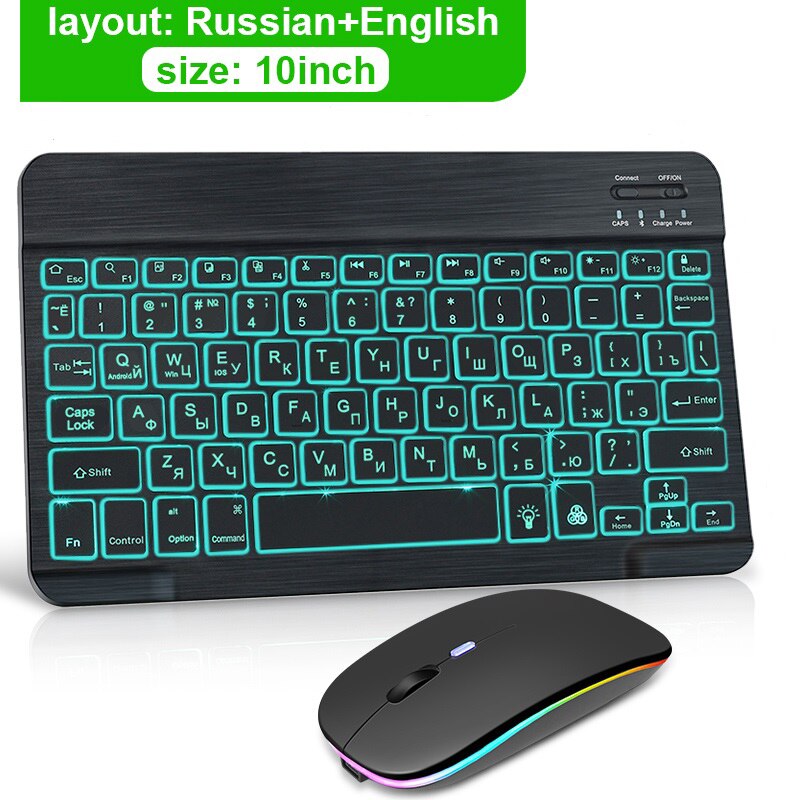 LED Bluetooth Keyboard Wireless RGB Keyboard And Mouse Spanish Mini Backlight Russian keyboard For Phone Tablet ipad pro 11: Russian