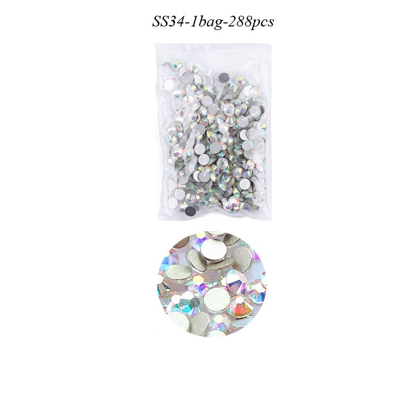 Swarovski – strass en verre à dos plat pour ongles, 1440 pièces, tailles mixtes SS4-SS50, pierres de décoration AB claires pour Nail Art, accessoires de manucure: SS34  288Pcs