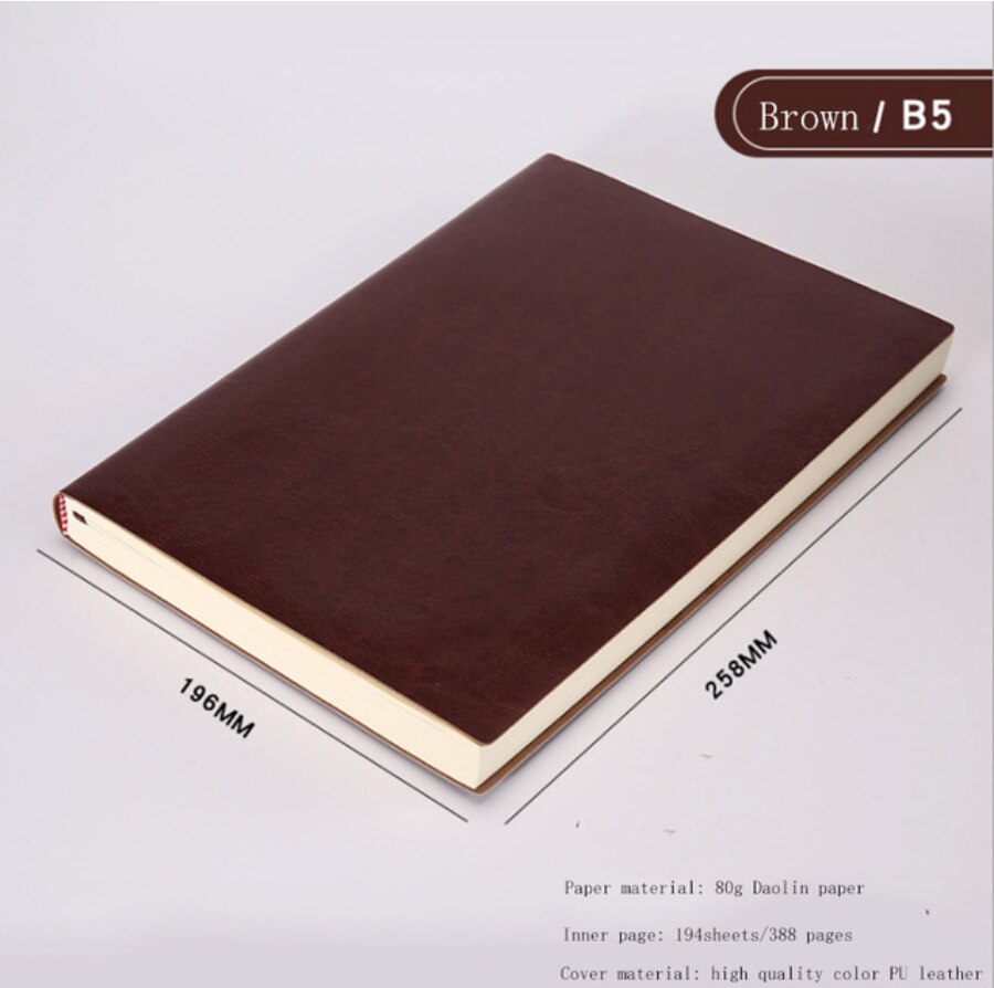 A5 A6 B5 Business increase thick Notebook Office meeting minutes Notepad leather soft copy line pages Diary Stationery: B5 Brown