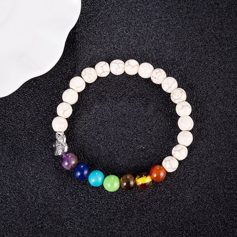 8Mm Kleurrijke 7 Chakra Armband Frosted Transparante Kraal Olifant Yoga Energie Armband Mannen En Vrouwen Geloof armband: White turquoise