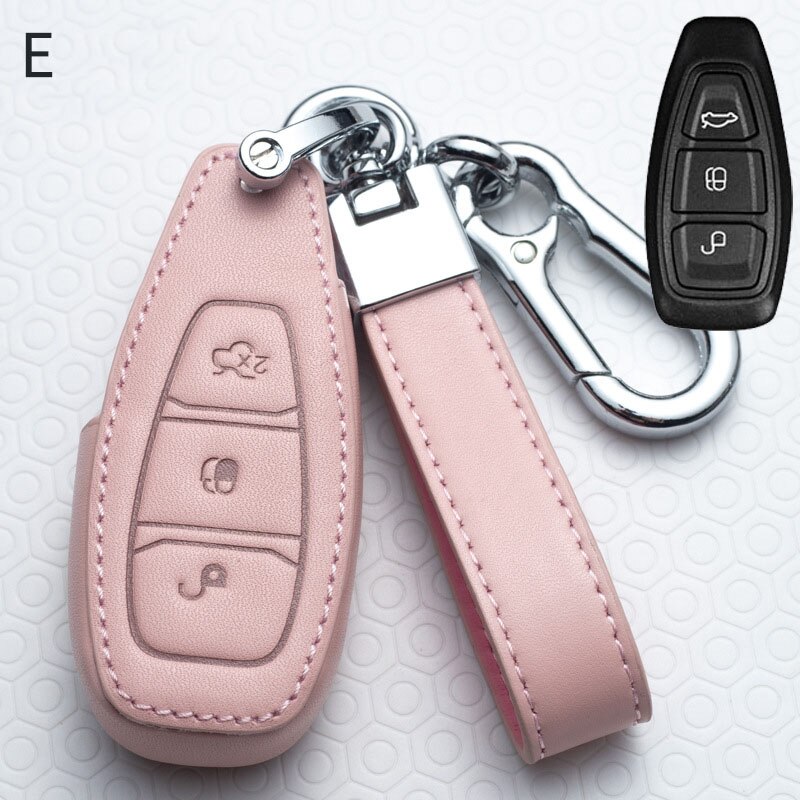 Leather Car Key Cover Key Case For Ford Focus Fiesta Mondeo Kuga Escape Fusion Mustang Explorer Edge Ecosport: E-Pink