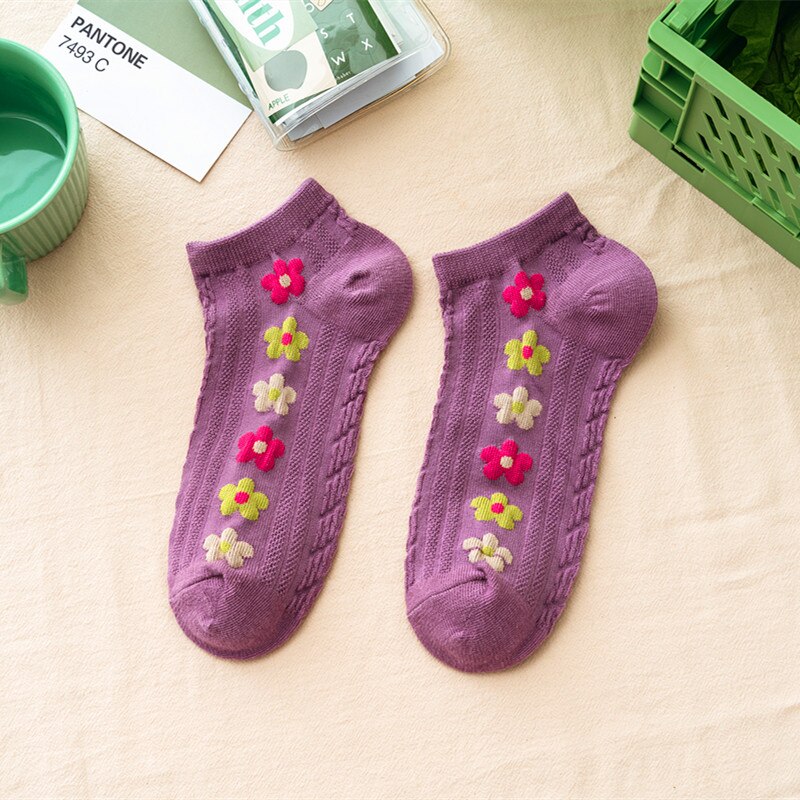 1 Pair Women Socks Cartoon Embroidery Cute Cotton Sock Spring Summer College Style Casual Harajuku Breathable Female Ankle Socks: Purple