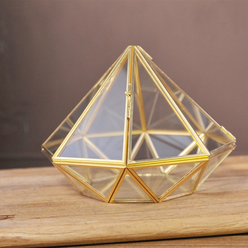 Terrarium géométrique en verre ouvert doré fait à la main, diamant en laiton, mousse de fougère succulente, conteneur d&#39;exposition de plantes, directe