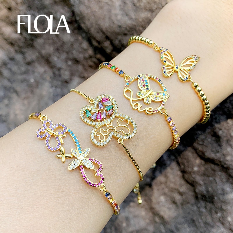 FLOLA Gold Filled Pulseiras Borboleta Para Mulheres Multicolor Ajustável Carta de Amor Pulseira CZ Zirconia Íris Jóias brtc20