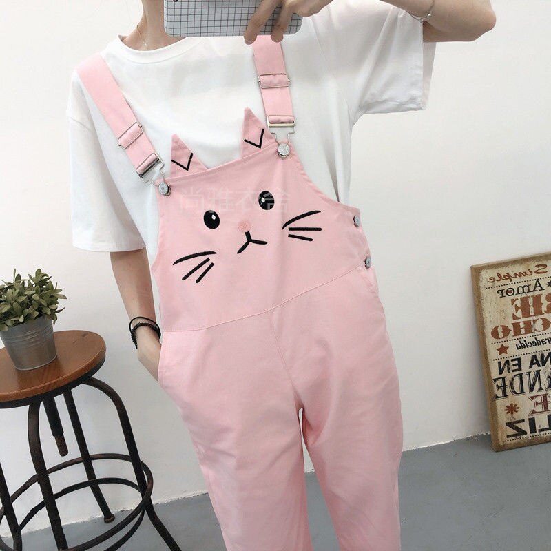 Jumpsuits dam kawaii tecknad lös overall slouchy byxor student daglig chic fritid oversize matchande söt dam: Rosa / Xl