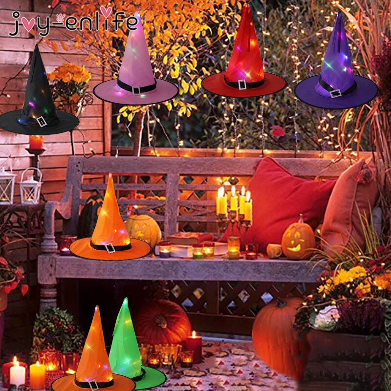 Halloween Decoration LED Glowing Lights Witch Hats Halloween Costume Props Halloween Outdoor Tree Garden Hanging Glow Party