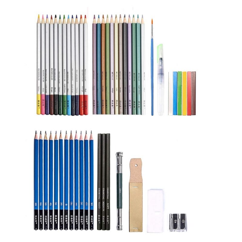 H&B 51Pcs/Set Drawing Kit Wood Pencil Sketching Pencils Art Sketch Painting Supplies With Carrying Bag