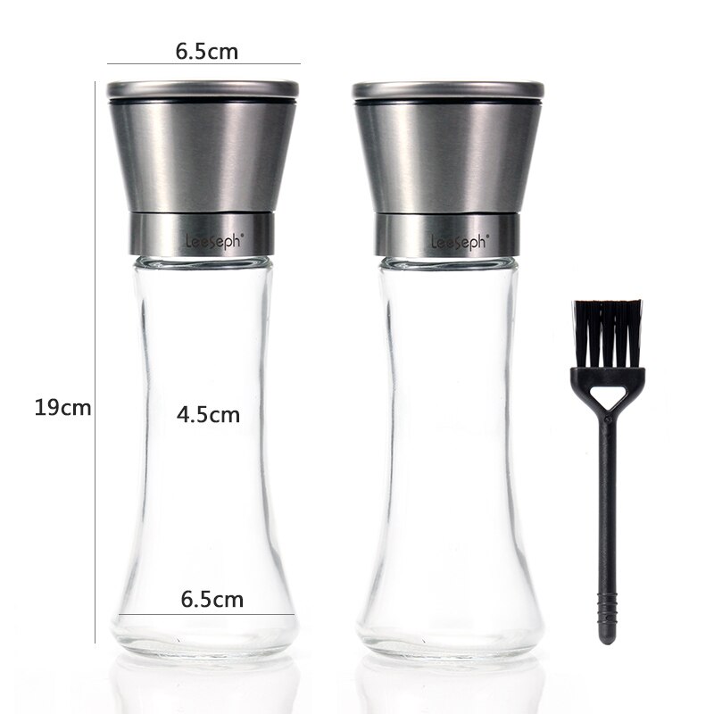 Premium salt- och pepparkvarn set  of 2,  justerbara och lättanvända , 304 toppar i rostfritt stål tjock glaskropp, köksredskap: 7.5 tum
