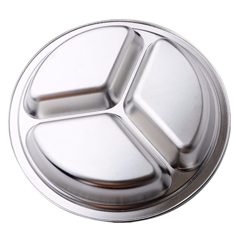 Stainless Steel 3 Sections Round Divided Dish Snack Dinner Plate Diameter