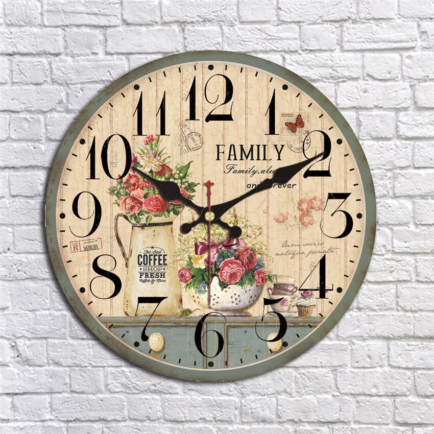 Grote Wandklok Ronde Vintage Wandklok Franse Land Toscaans Decoratieve Non-Tikkende Retro Bloem Roos Stille Stille Klok
