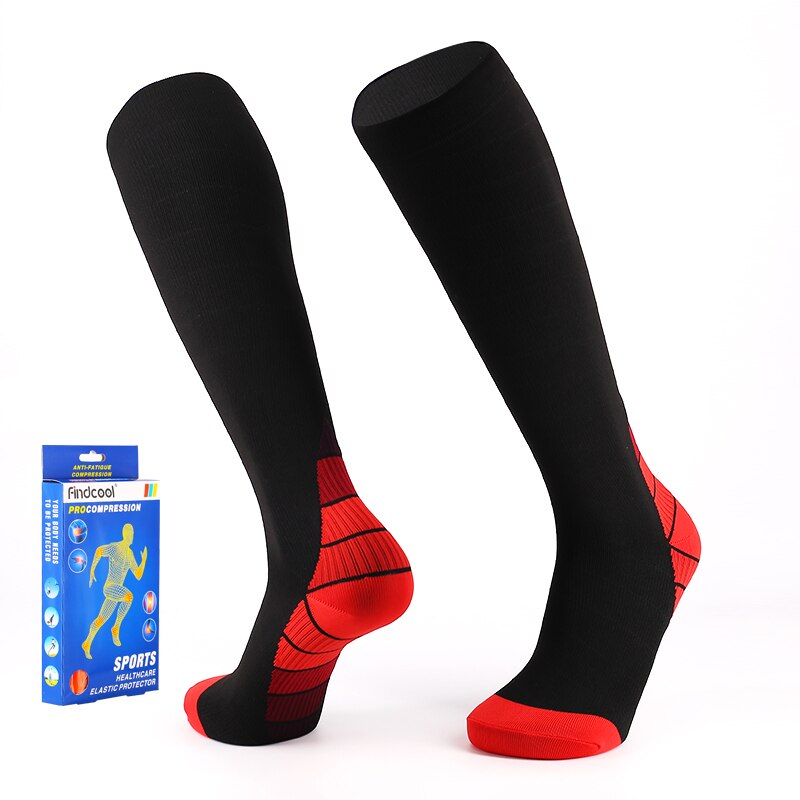 Findcool Knee High Compression Socks Outdoor Sports Socks Running Cycling Travel Boost Stamina Long Sock for Men Women: Black Red / S/M
