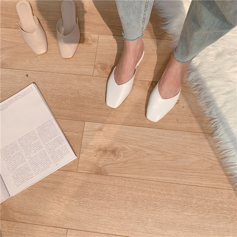 2022 Women Square Toe Slippers Low Heel Outdoor Ladies Flat Slides Luxury Brand Mules Shoes WomenSlippers Women Shoes